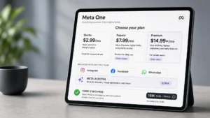 Tablet showing Meta One subscription tiers at $2.99, $7.99, and $14.99-plus with Instagram, Facebook, and WhatsApp chips, META AI EXTRA, CORE STAYS FREE, and a 15M subs-plus-trials plate labeled to include trials.