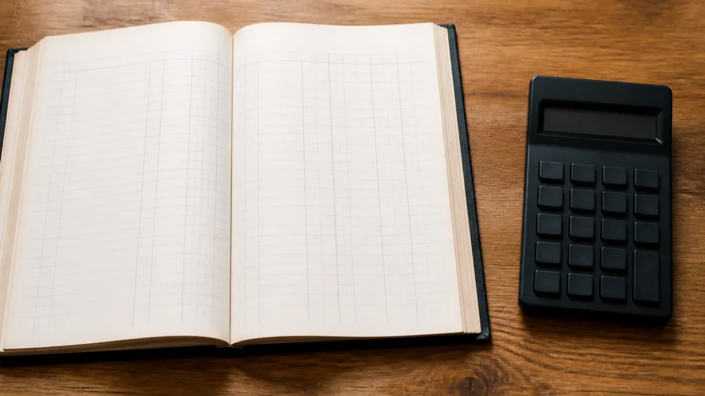 An unlabeled ledger and a blank calculator on a desk.