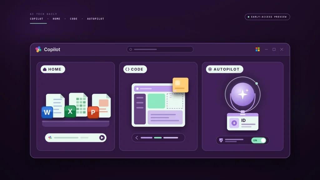 Illustration of a wide purple Copilot app window with three tabs side by side. The Home tab shows Word, Excel and PowerPoint documents docked on a shelf above a chat bar. The Code tab shows a small app being assembled from rounded blocks, with one block snapping into place. The Autopilot tab shows a glowing agent orb wearing an ID badge, with a permissions toggle switched on.