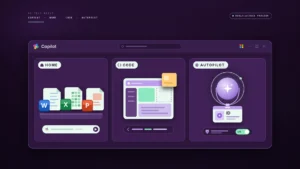 Illustration of a wide purple Copilot app window with three tabs side by side. The Home tab shows Word, Excel and PowerPoint documents docked on a shelf above a chat bar. The Code tab shows a small app being assembled from rounded blocks, with one block snapping into place. The Autopilot tab shows a glowing agent orb wearing an ID badge, with a permissions toggle switched on.