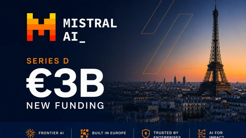 Mistral AI Series D announcement with €3B funding over a Paris skyline.