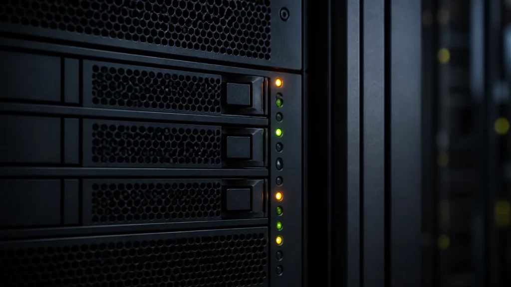 An unlabeled server rack with mixed status lights.