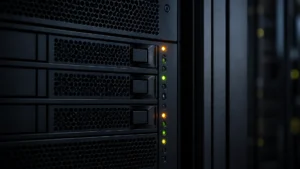 An unlabeled server rack with mixed status lights.