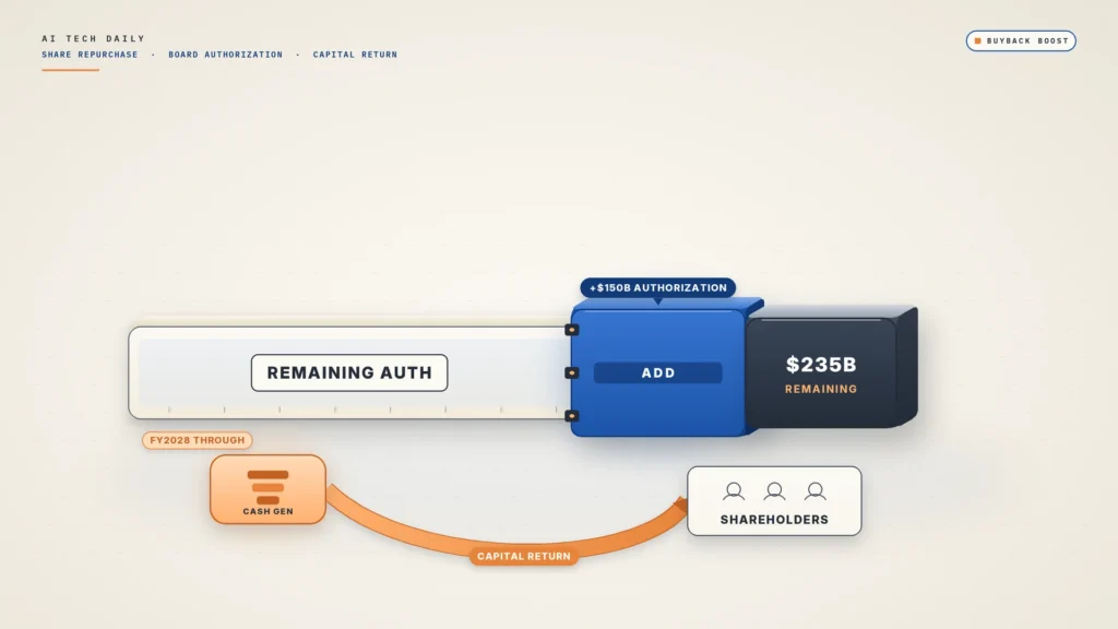 Illustration on a cream background. A long cream capacity rail labeled "REMAINING AUTH" sits across the center. A thick cobalt block labeled "ADD" locks onto its right end under a chip reading "+$150B AUTHORIZATION", and a slate end-cap reads "$235B REMAINING". Below, a warm apricot loop arrow labeled "CAPITAL RETURN" runs from a "CASH GEN" node to a plain "SHAREHOLDERS" tile. A chip near the rail reads "FY2028 THROUGH".