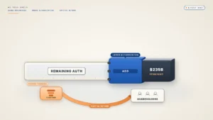 Illustration on a cream background. A long cream capacity rail labeled "REMAINING AUTH" sits across the center. A thick cobalt block labeled "ADD" locks onto its right end under a chip reading "+$150B AUTHORIZATION", and a slate end-cap reads "$235B REMAINING". Below, a warm apricot loop arrow labeled "CAPITAL RETURN" runs from a "CASH GEN" node to a plain "SHAREHOLDERS" tile. A chip near the rail reads "FY2028 THROUGH".