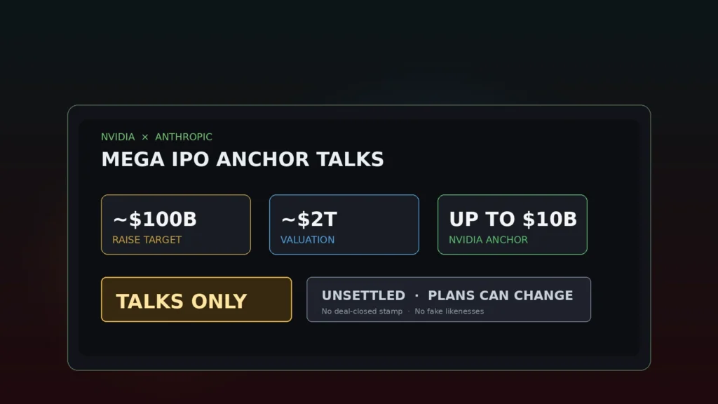 Nvidia and Anthropic mega IPO anchor talks board with about $100B raise, about $2T valuation, up to $10B Nvidia chip, and TALKS ONLY stamp.