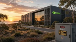 Australian AI factory campus at dusk with Nvidia logo and a 2 GW capacity panel.