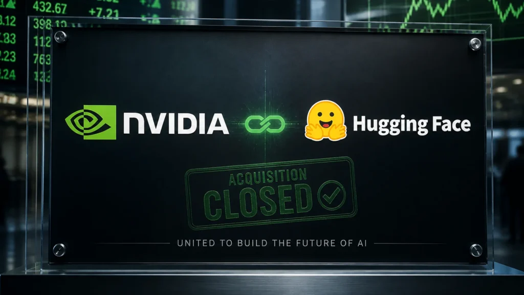 Nvidia and Hugging Face logos on a glass deal plaque stamped Acquisition Closed.