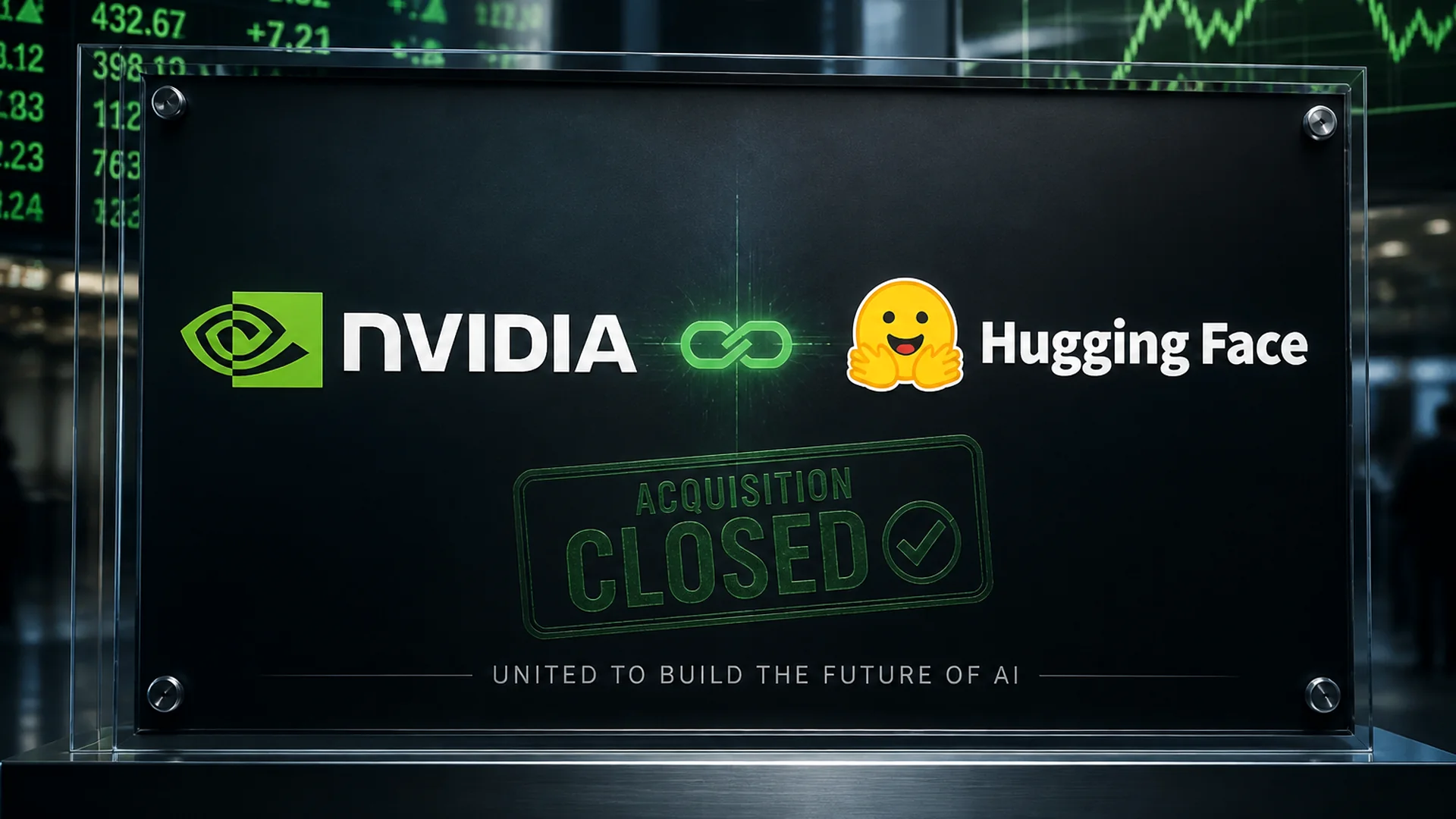 Nvidia and Hugging Face logos on a glass deal plaque stamped Acquisition Closed.