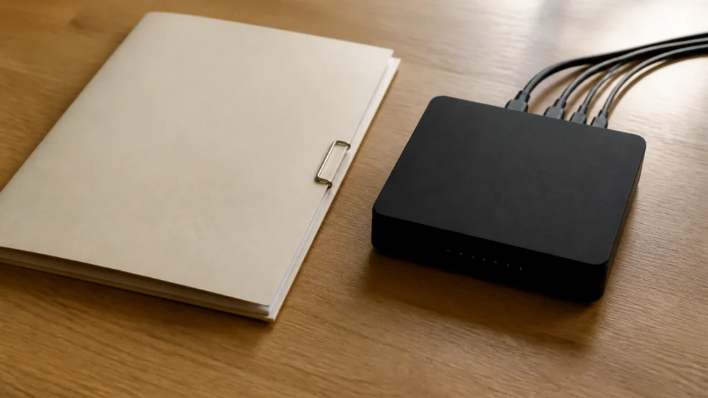 An unlabeled closed folio beside a small unmarked hub.