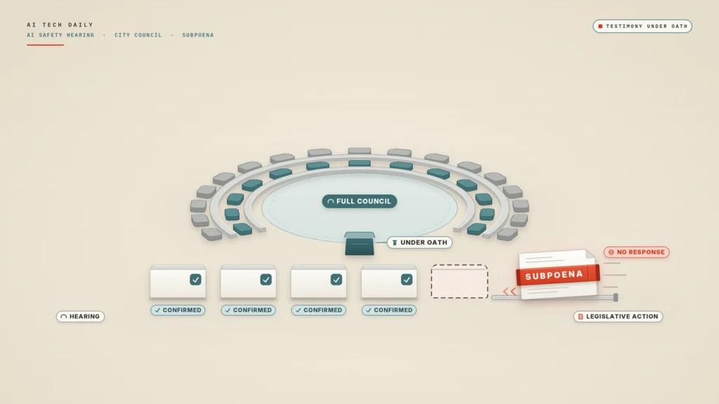 Illustration on an oat-colored paper background. A shallow horseshoe of plain grey and teal seat blocks with curved desks surrounds an open floor labeled "FULL COUNCIL", with a small lectern at the open end labeled "UNDER OATH". Below, a row of five blank placards: four have check marks and "CONFIRMED" tags, and the fifth is an empty dashed outline. A folded document wrapped in a thick red-orange band reading "SUBPOENA" slides along a short track toward the empty spot, tagged "NO RESPONSE". Tags at the lower corners read "HEARING" and "LEGISLATIVE ACTION".