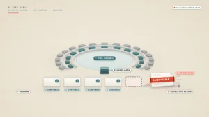 Illustration on an oat-colored paper background. A shallow horseshoe of plain grey and teal seat blocks with curved desks surrounds an open floor labeled "FULL COUNCIL", with a small lectern at the open end labeled "UNDER OATH". Below, a row of five blank placards: four have check marks and "CONFIRMED" tags, and the fifth is an empty dashed outline. A folded document wrapped in a thick red-orange band reading "SUBPOENA" slides along a short track toward the empty spot, tagged "NO RESPONSE". Tags at the lower corners read "HEARING" and "LEGISLATIVE ACTION".