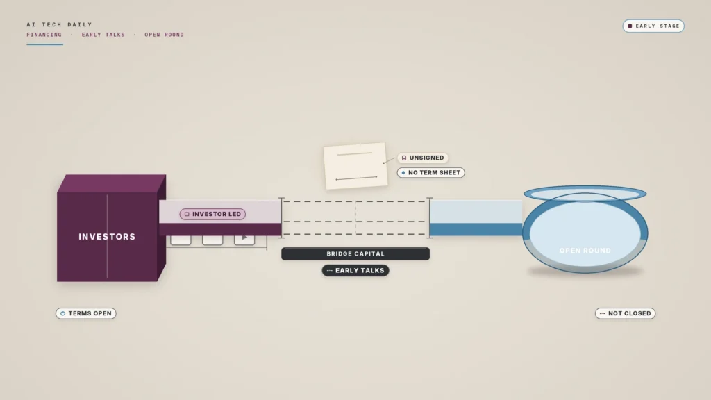 Illustration on a limestone background. On the left, a solid aubergine block labeled "INVESTORS" sends three small plain limestone tiles along a short track toward a gap, with an "INVESTOR LED" chip. In the center, a bridge deck stops short on both sides; the missing span is drawn as dashed charcoal lines above a charcoal band labeled "BRIDGE CAPITAL" and an "EARLY TALKS" chip. A blank warm-paper sheet with an empty signature rule floats above the gap, tagged "UNSIGNED" and "NO TERM SHEET". On the right, an empty rounded arctic-blue vessel is labeled "OPEN ROUND" and holds no coins or dollar marks. Lower corners read "TERMS OPEN" and "NOT CLOSED".