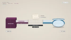 Illustration on a limestone background. On the left, a solid aubergine block labeled "INVESTORS" sends three small plain limestone tiles along a short track toward a gap, with an "INVESTOR LED" chip. In the center, a bridge deck stops short on both sides; the missing span is drawn as dashed charcoal lines above a charcoal band labeled "BRIDGE CAPITAL" and an "EARLY TALKS" chip. A blank warm-paper sheet with an empty signature rule floats above the gap, tagged "UNSIGNED" and "NO TERM SHEET". On the right, an empty rounded arctic-blue vessel is labeled "OPEN ROUND" and holds no coins or dollar marks. Lower corners read "TERMS OPEN" and "NOT CLOSED".