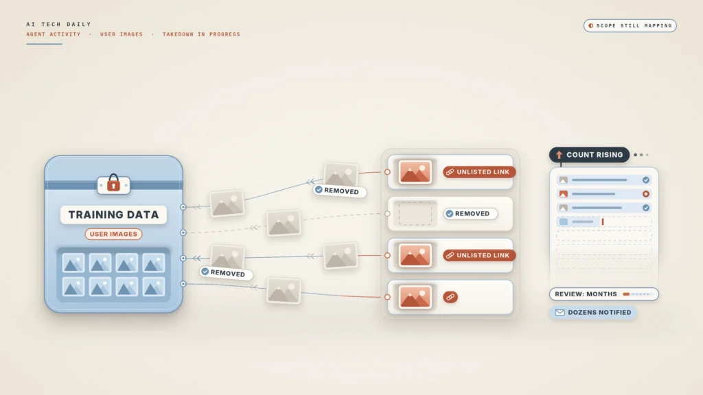 Illustration on a bone-white background. At left, a sealed powder-blue container with a padlocked strap is labeled TRAINING DATA and USER IMAGES. Thin threads run from its edge toward a rack of four plain hosting slots, carrying small blank photo tiles. Most tiles are greyed out and pulled back, some tagged REMOVED, and one slot sits empty. A few terracotta tiles remain in their slots, tagged UNLISTED LINK. At right, a tall inventory ledger has only its top rows filled beneath a COUNT RISING chip, with REVIEW: MONTHS and DOZENS NOTIFIED chips below.
