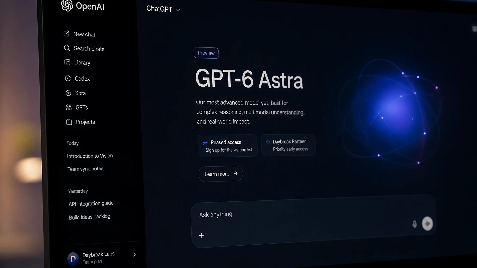 ChatGPT dark UI with OpenAI mark, GPT-6 Astra headline, and phased-access / Daybreak Partner cues.