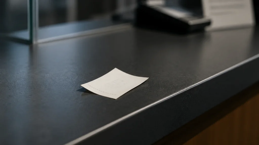An unlabeled paper queue ticket on a counter.
