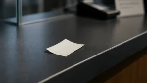 An unlabeled paper queue ticket on a counter.