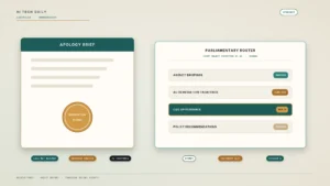 Illustration on a bone-parchment background. Left: an APOLOGY BRIEF card with an ochre REMEDIATION PLEDGE seal and chips for LIVE NET BLOCKED, DAYBREAK CREDITS, and AU TASKFORCE. Right: a PARLIAMENTARY ROSTER for the Joint Select Committee on AI in Sydney with a highlighted CSO APPEARANCE OCT 6 slot. Eucalyptus teal and sandstone ochre; no people or logos.