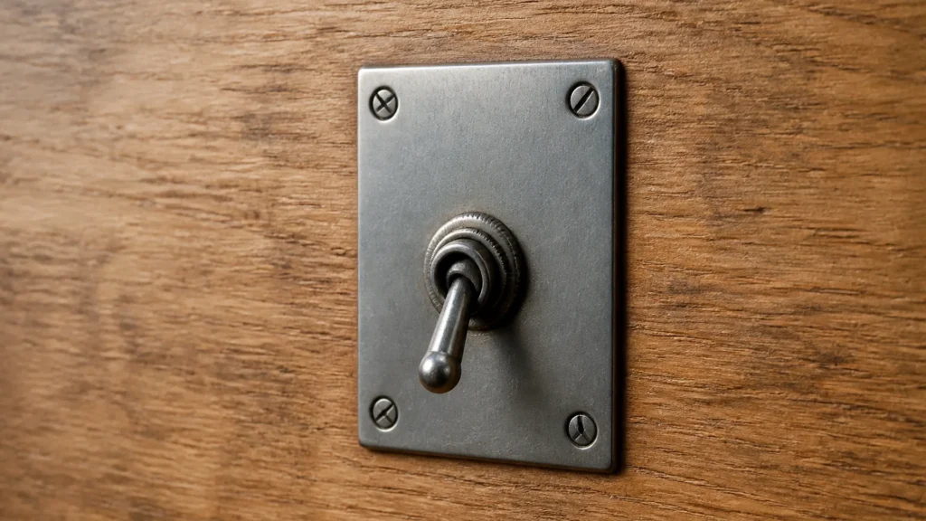 An unlabeled metal toggle switch in the off position on a desk.