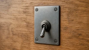 An unlabeled metal toggle switch in the off position on a desk.