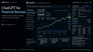 ChatGPT for Financial Services dark terminal with charts, PitchBook-style data, and Astra research panes.