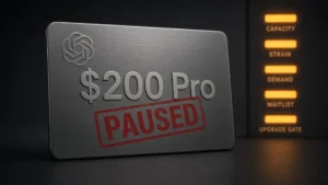 ChatGPT Pro $200 membership card stamped PAUSED beside amber capacity strain bars.