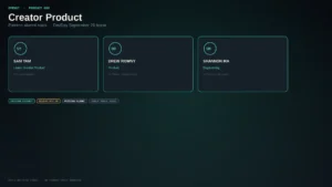 Editorial OpenAI Creator Product org board with three abstract executive cards (initials only), DevDay Sep 29 chip; charcoal/teal; no faces; not YouTube Studio twin.