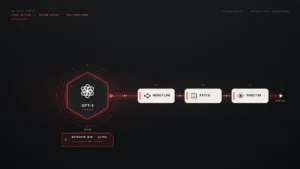 Graphite editorial illustration: a red-outlined hexagonal node marked with an abstract OpenAI blossom and "GPT-6 Cyber" sends a signal-red line through three off-white pipeline chips labeled Workflow, Patch and Monitor toward a deploy arrow. A small gated "Daybreak Red · Alpha, application-only access" pass tag hangs below the node.