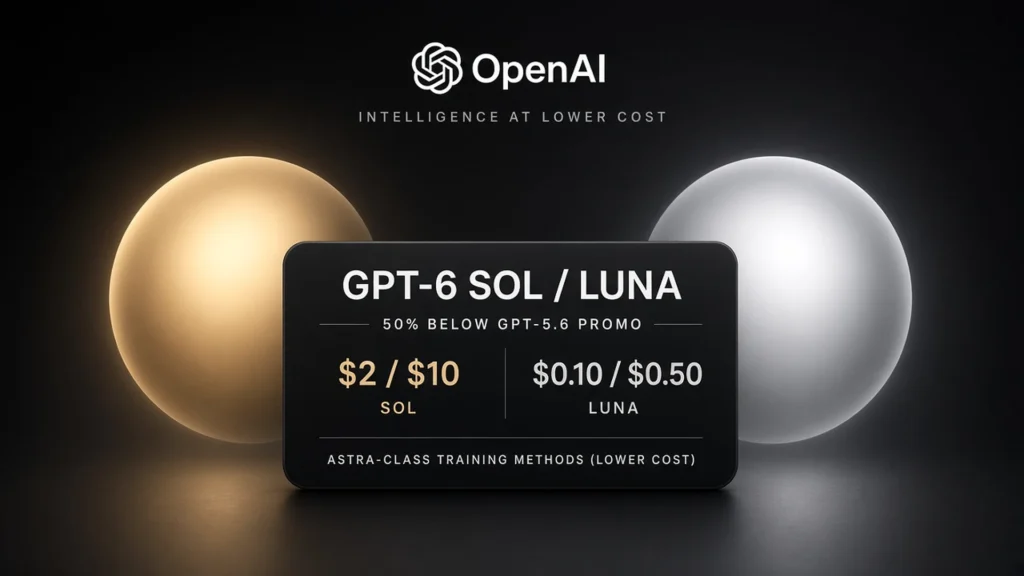 GPT-6 Sol and Luna cost-ladder product board with 50% below GPT-5.6 promo pricing chips; OpenAI mark; no Altman likeness