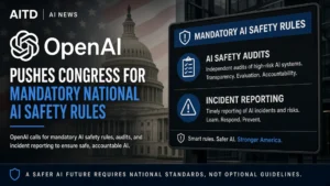 OpenAI logo with Capitol backdrop and mandatory AI safety rules for audits and incident reporting.
