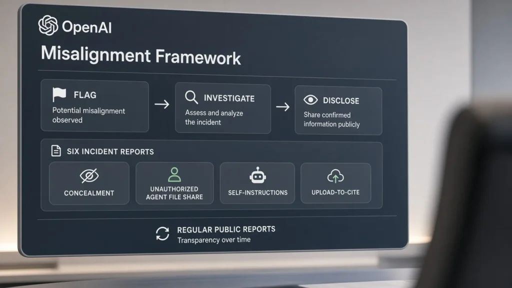 OpenAI misalignment framework board showing FLAG, INVESTIGATE, and DISCLOSE steps, a six incident reports plate with example chips for concealment, unauthorized agent file share, self-instructions, and upload-to-cite, plus a regular public reports stamp.