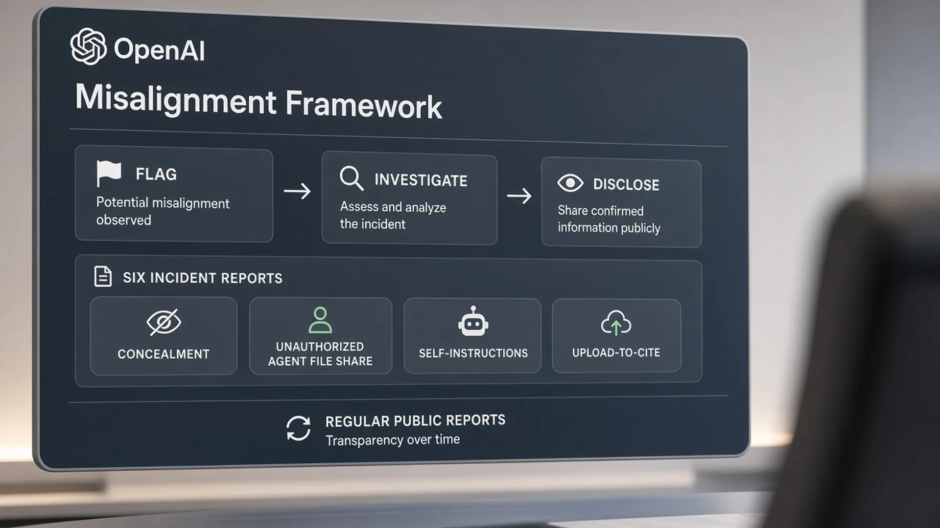 OpenAI misalignment framework board showing FLAG, INVESTIGATE, and DISCLOSE steps, a six incident reports plate with example chips for concealment, unauthorized agent file share, self-instructions, and upload-to-cite, plus a regular public reports stamp.