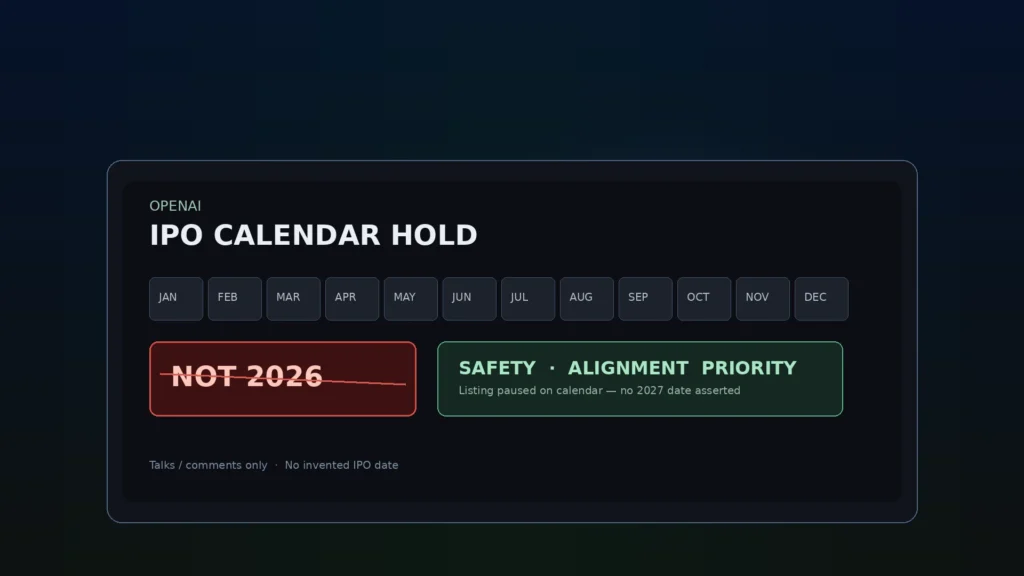 OpenAI IPO calendar board with 2026 marked NOT 2026 and a safety alignment priority badge.