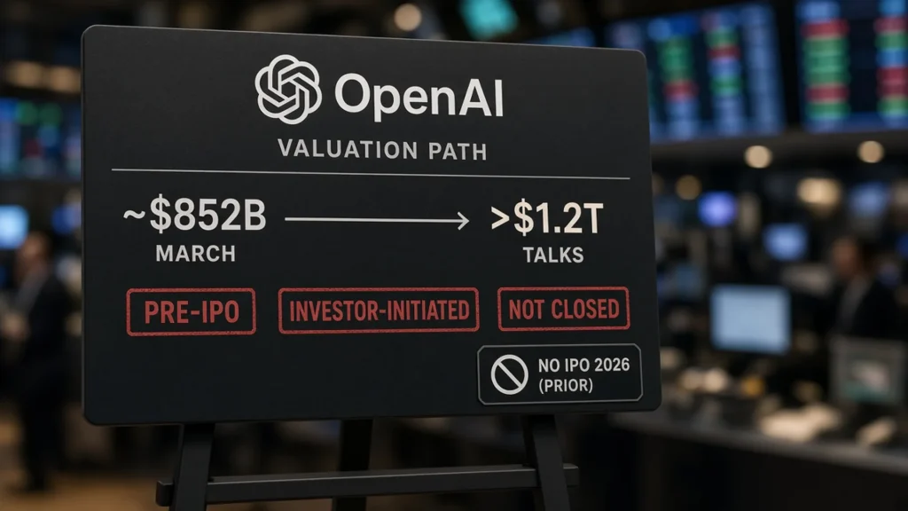 OpenAI valuation path board showing about $852 billion in March to talks above $1.2 trillion, stamped PRE-IPO, investor-initiated, and not closed, with a prior no-IPO-2026 chip.