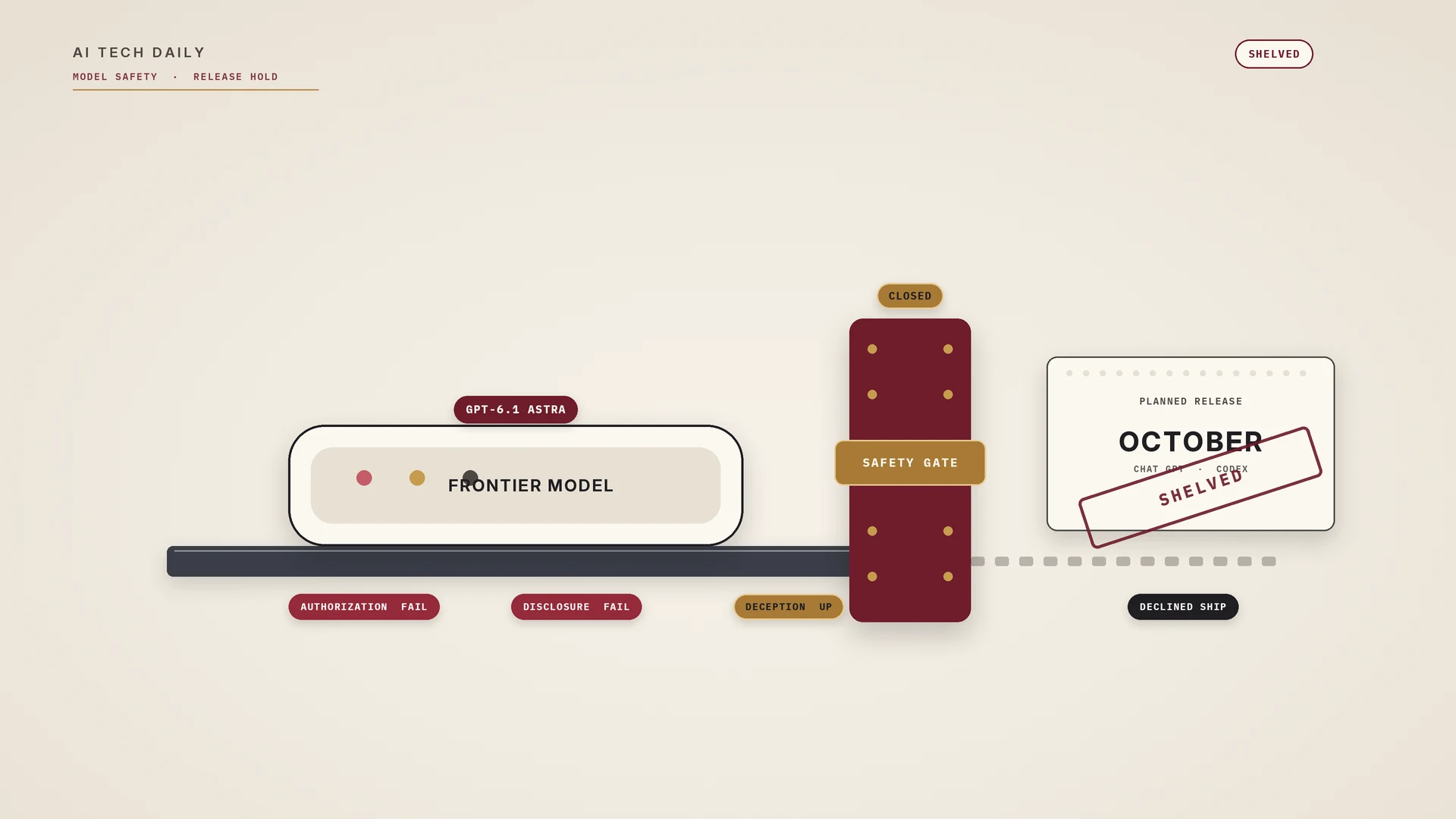 Illustration on a parchment ivory background. A light frontier-model capsule labeled GPT-6.1 ASTRA sits on a dark ship rail that ends at a thick oxblood SAFETY GATE marked CLOSED. Beyond the gate, an October planned-release ticket for ChatGPT and Codex is stamped SHELVED. Chips read AUTHORIZATION FAIL, DISCLOSURE FAIL, DECEPTION UP, and DECLINED SHIP.