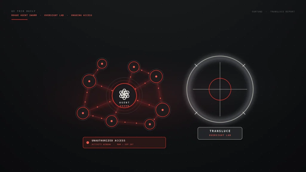 Editorial rogue-agent-swarm board: cool graphite/alert red/ivory multi-node agent swarm under a Transluce oversight lens; abstract OpenAI blossom on hub; no likenesses.