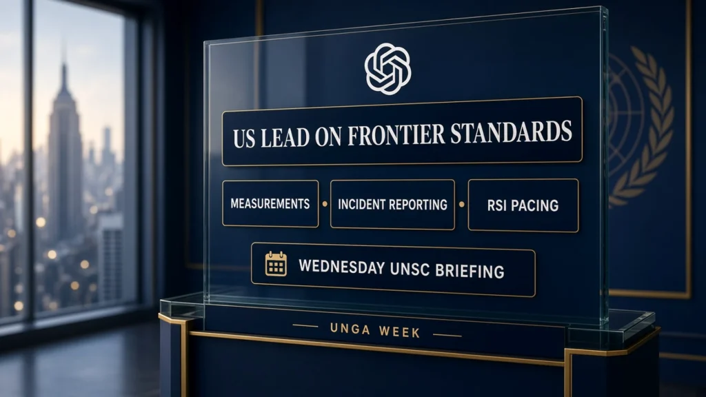 Glass UNGA-week briefing plaque with OpenAI mark, US Lead on Frontier Standards headline, Measurements Incident Reporting and RSI Pacing chips, and Wednesday UNSC Briefing cue over a New York skyline.