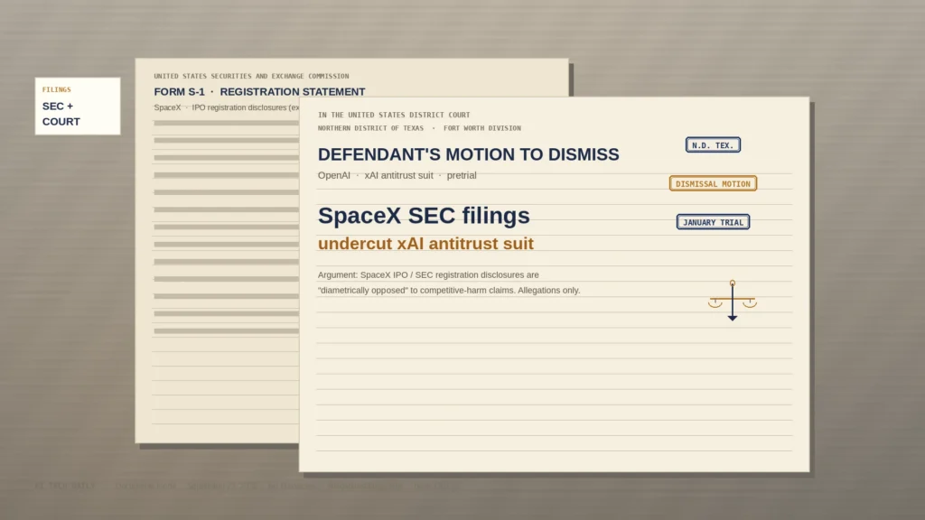 Editorial documents still-life: overlapping cream SEC registration and Texas federal court dismissal-motion pages on warm desk; SpaceX SEC filings undercut xAI antitrust suit; navy/amber stamps N.D. TEX., DISMISSAL MOTION, JANUARY TRIAL; no likenesses; allegations/filings only.