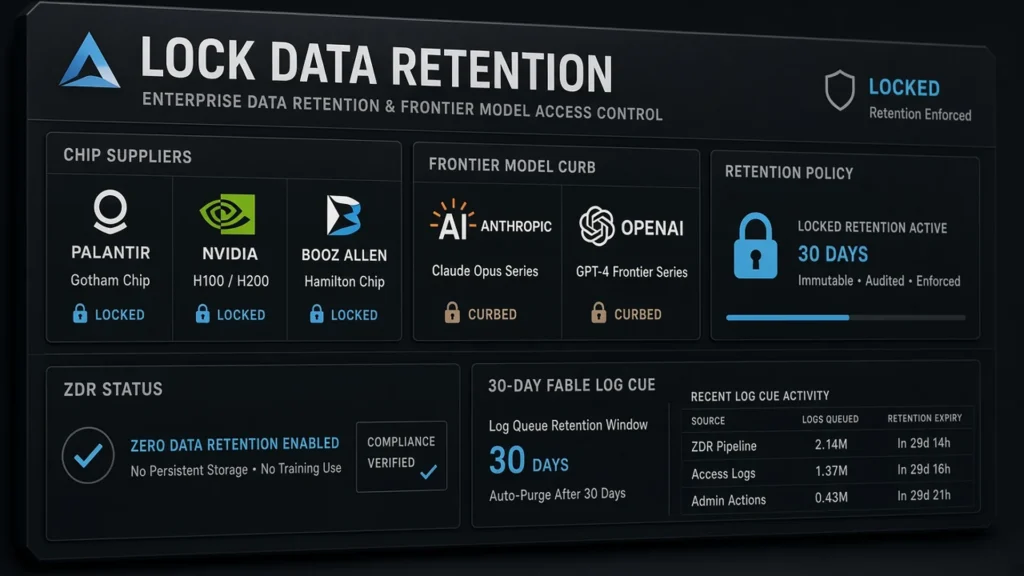 Enterprise data-retention lock board with Palantir, Nvidia, and Booz Allen chips curbing Anthropic and OpenAI frontier models, plus ZDR and 30-day log cues.
