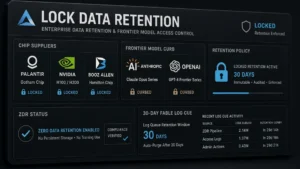 Enterprise data-retention lock board with Palantir, Nvidia, and Booz Allen chips curbing Anthropic and OpenAI frontier models, plus ZDR and 30-day log cues.