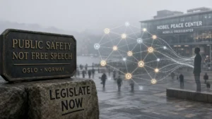 Misty Oslo plaza by the Nobel Peace Center with a PUBLIC SAFETY NOT FREE SPEECH plaque reading LEGISLATE NOW and a glowing multi-agent network linked to a symbolic human silhouette.