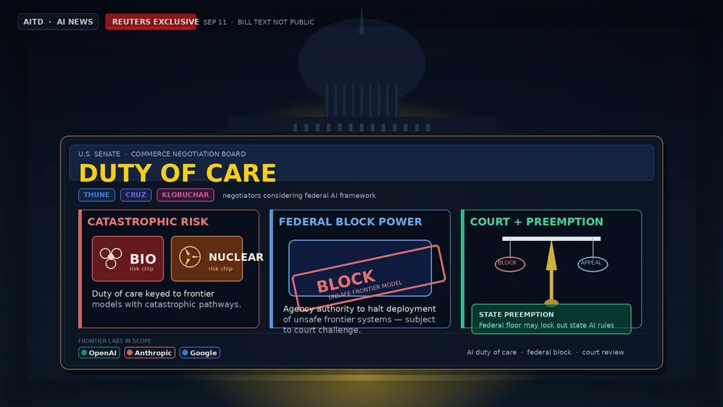 Capitol silhouette behind a Senate commerce negotiation board titled Duty of Care, with bio and nuclear risk chips, a federal block stamp, court scales for appeal, and state preemption — Reuters exclusive; bill text not public