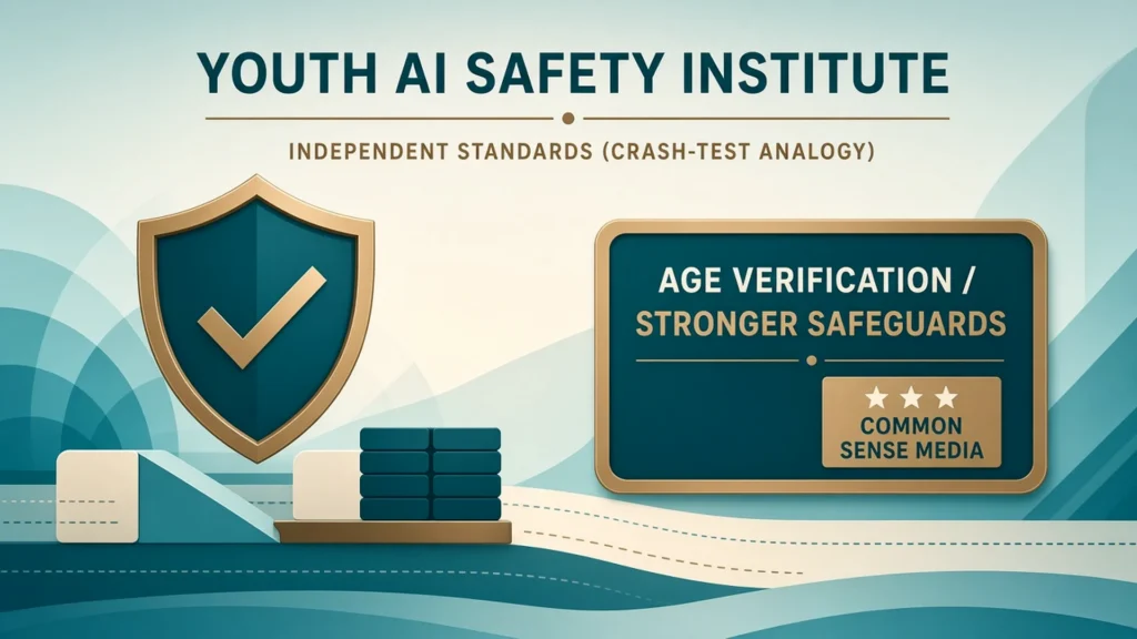 Youth AI Safety Institute policy board with independent standards crash-test analogy, age verification and stronger safeguards chips, Common Sense Media cue; no Siegel likeness; no child faces.