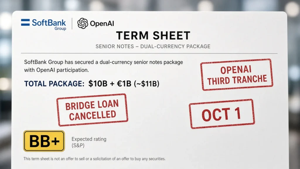 SoftBank and OpenAI dual-currency senior notes term sheet for about $11 billion with stamps for OpenAI third tranche October 1, bridge loan cancelled, and BB+ rating.
