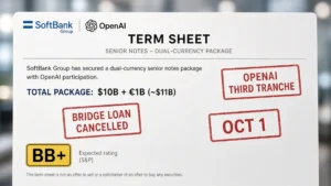 SoftBank and OpenAI dual-currency senior notes term sheet for about $11 billion with stamps for OpenAI third tranche October 1, bridge loan cancelled, and BB+ rating.