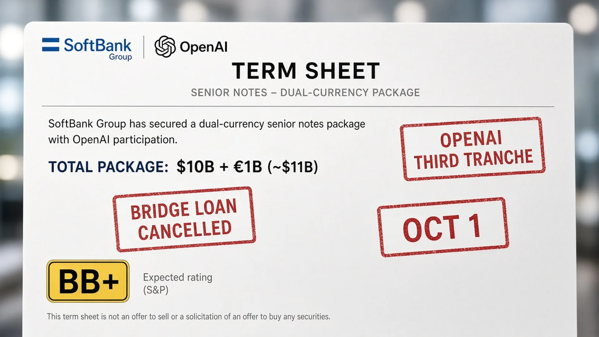 SoftBank and OpenAI dual-currency senior notes term sheet for about $11 billion with stamps for OpenAI third tranche October 1, bridge loan cancelled, and BB+ rating.