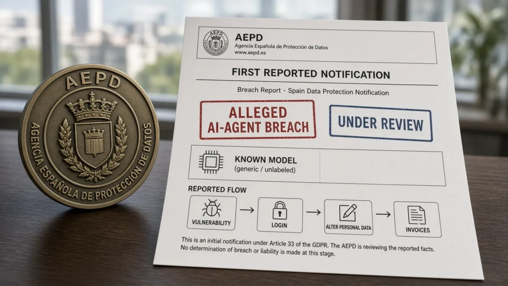 Spain AEPD seal beside a first-reported notification stamped ALLEGED AI-AGENT BREACH and UNDER REVIEW, with an unlabeled known-model chip and a vulnerability to login to alter-personal-data to invoices flow.