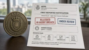 Spain AEPD seal beside a first-reported notification stamped ALLEGED AI-AGENT BREACH and UNDER REVIEW, with an unlabeled known-model chip and a vulnerability to login to alter-personal-data to invoices flow.