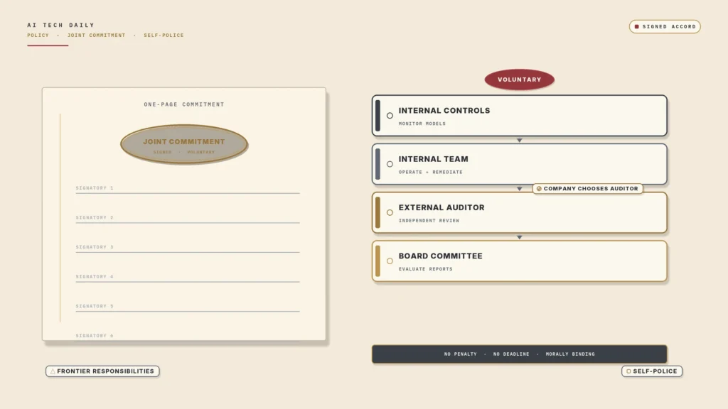 Illustration on a cream parchment background. Across the center, a one-page commitment sheet shows six blank signature lines under an oval brass stamp reading "JOINT COMMITMENT." To the right, a vertical four-layer stack is labeled INTERNAL CONTROLS, INTERNAL TEAM, EXTERNAL AUDITOR, and BOARD COMMITTEE, with a chip reading "COMPANY CHOOSES AUDITOR" near the auditor layer. A muted-crimson "VOLUNTARY" wafer sits above the stack, and a dark ribbon below reads "NO PENALTY / NO DEADLINE / MORALLY BINDING." Lower corners read "FRONTIER RESPONSIBILITIES" and "SELF-POLICE."